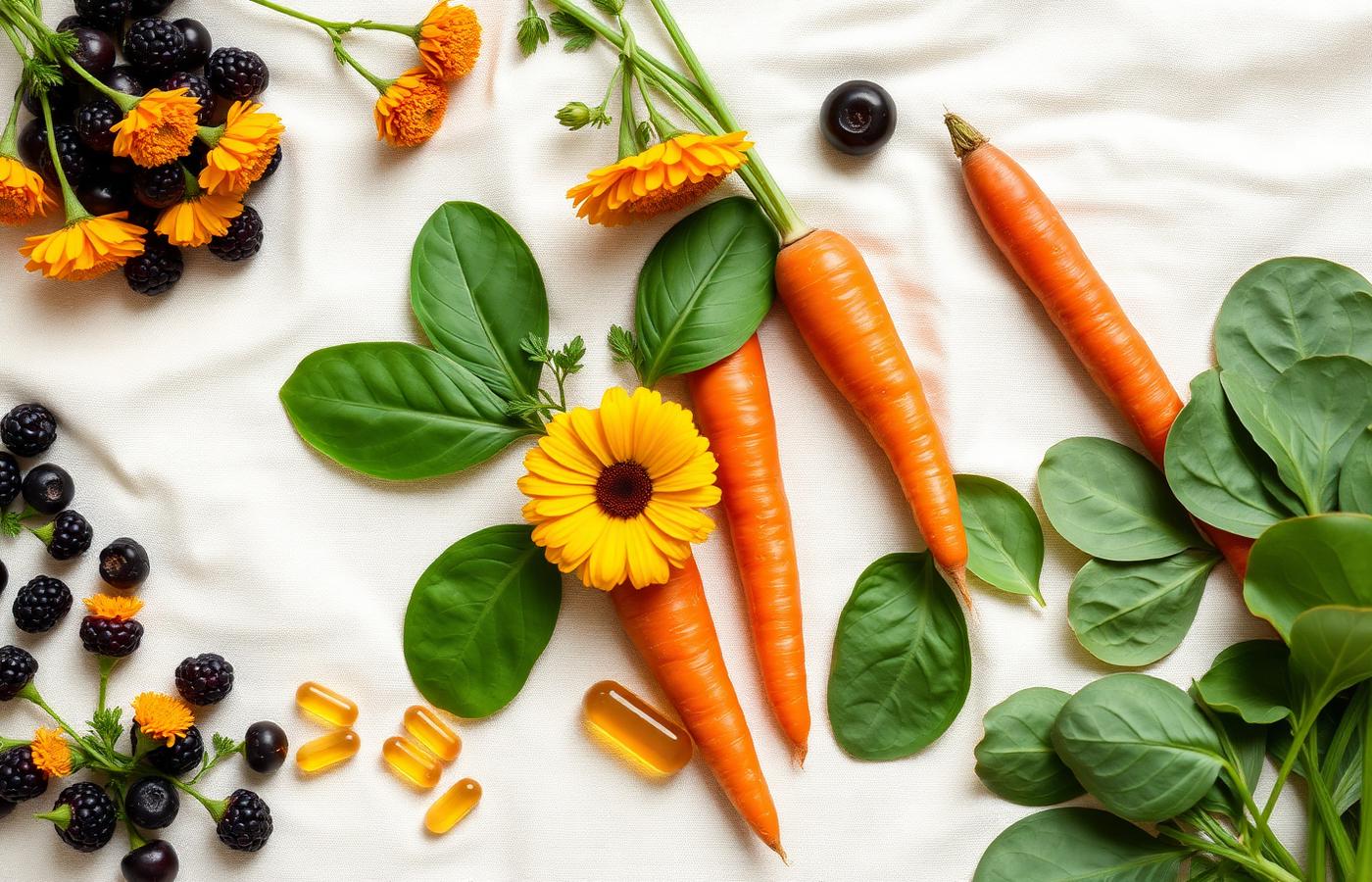 Natürliche Zutaten der Visiovita Kapseln: Beeren, Tagetes, Karotten und Blattgrün
